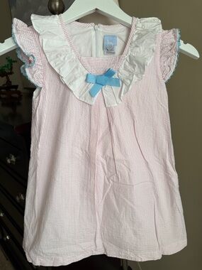 bella bliss Pink Seersucker Dress with White Ruffle and Blue Bow